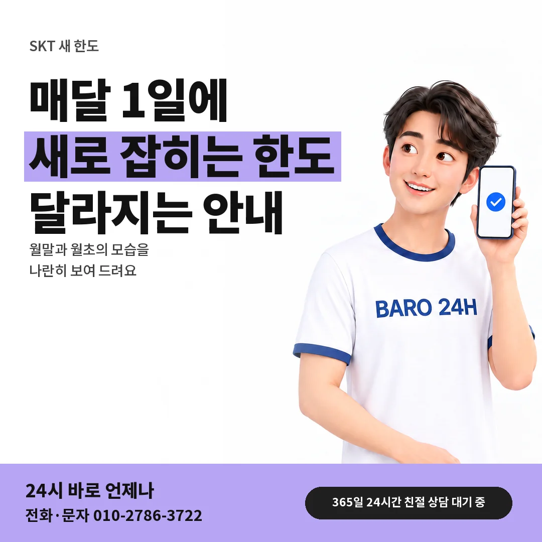 BARO 24H 티셔츠를 입은 3D 인물 옆에 「SKT 매달 1일 새 한도」 제목을 얹은 안내 카드
