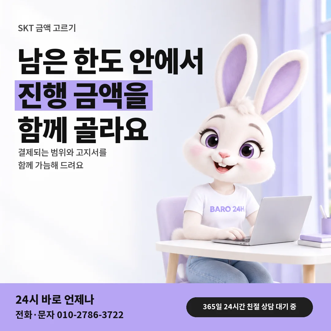 휴대폰을 보며 웃는 BARO 24H 티셔츠를 입은 3D 토끼 캐릭터 옆에 「SKT 남은 한도 안에서 금액 고르기」 제목을 얹은 안내 카드